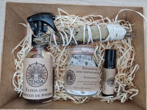 Kit Cristal e Essência com elixir, escalda-pés, roll-on e bastão defumador